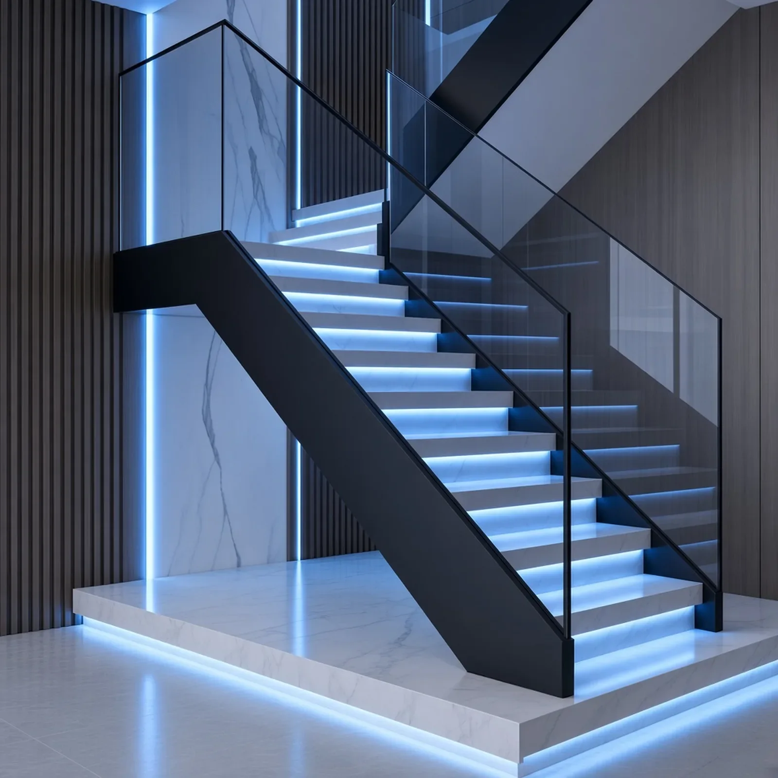 Лестница с эксклюзивным боковым профилем МСМ и LED-подсветкой ступеней